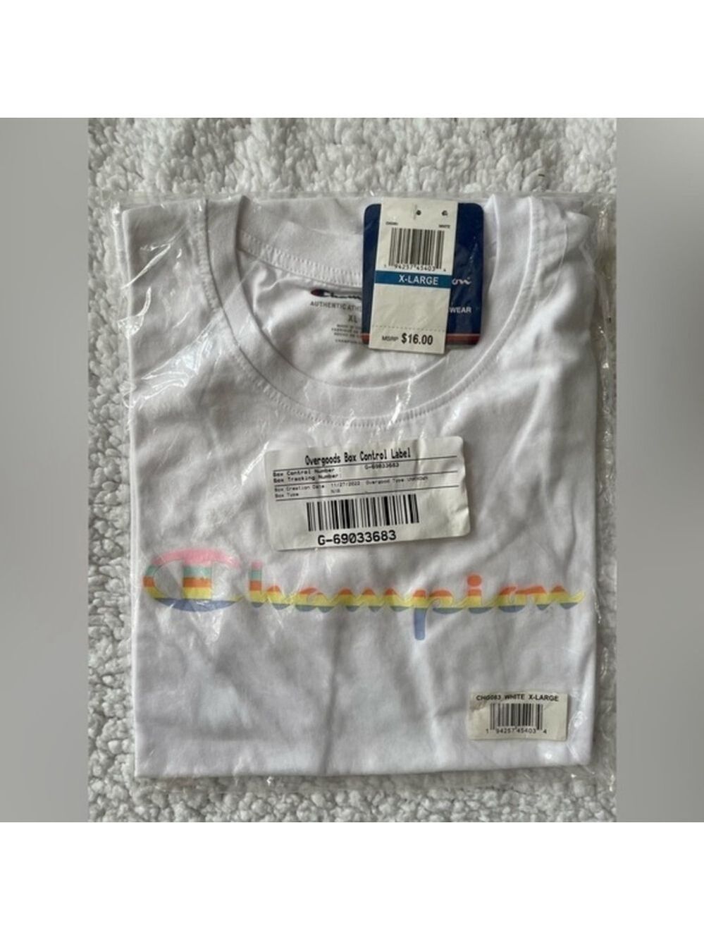 Champion Youth XL Rainbow Logo T-Shirt | White Cotton Graphic Tee NWT - Picture 2 of 4